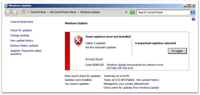 Windows 8 Updates Failed Error WindowsUpdate_800B0100 “Managed by 